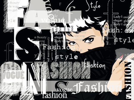 Vintage fashion background. Letters, words and stylish girlのイラスト素材