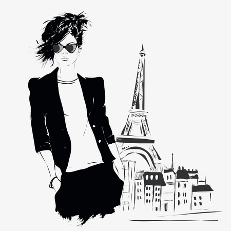 Fashion girl in sketch-style.のイラスト素材