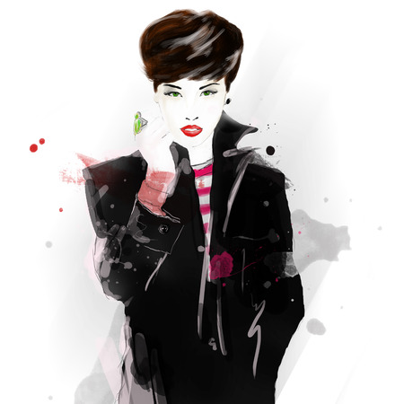 Fashion girl in sketch-style. Fashion illustration. Fashionable Amsterdamの写真素材