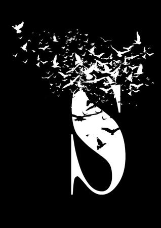 Letter S on a black background with birdsの写真素材