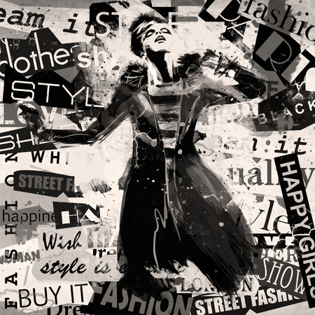 Fashion girl in sketch-style. Retro fashion. Grunge illustration.の写真素材