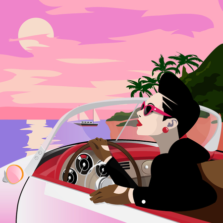 The stylish woman driving retro car.の写真素材