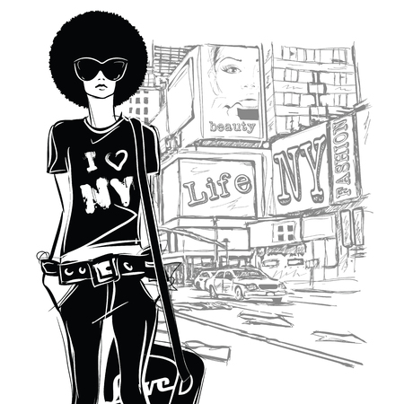 Fashion girl on a street background.のイラスト素材