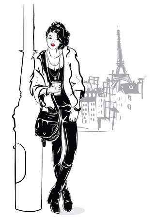 Fashion girl in sketch style on a white background.のイラスト素材