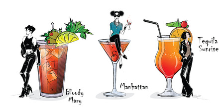Collection of popular cocktails with stylish girls for the menu. Vector illustration. Bloody Mary, Manhattan, Tequila Sunriseのイラスト素材