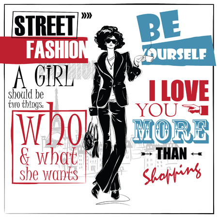 Fashion girl in sketch-style. Fashion woman portrait. Vector illustration.のイラスト素材