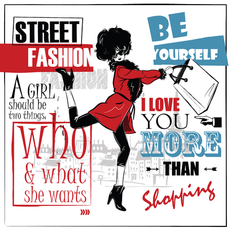 Fashion girl in sketch-style. Fashion woman portrait. Vector illustration.のイラスト素材