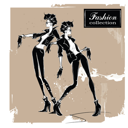 Two fashion women in sketch style. Vector illustration.のイラスト素材