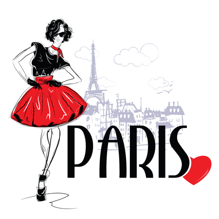 Fashion girl in sketch-style in Paris. Fashion woman portrait.のイラスト素材
