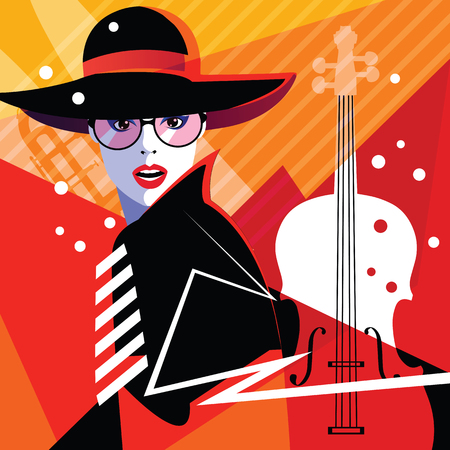 Fashion woman in style pop art on abstract musical background. Colourful jazz poster with contrabass and saxophoneのイラスト素材