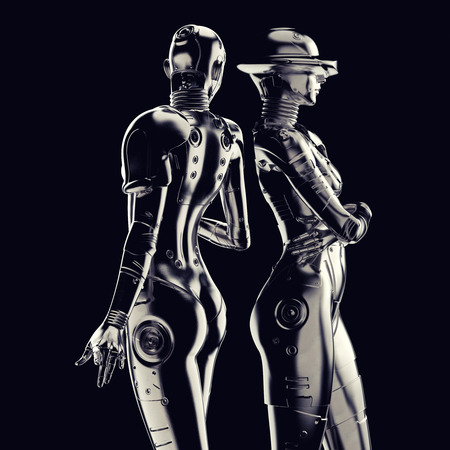 3D illustration with two fashion robots on black background.の写真素材