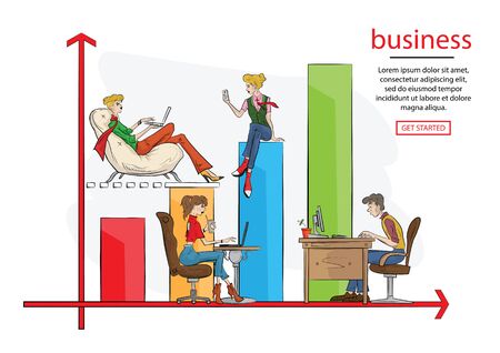 Business graph growth concept vector illustration of professional people working as team and sitting on growing chart.のイラスト素材