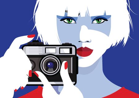 Fashion woman with foto camera on blue background. Vector illustration.のイラスト素材