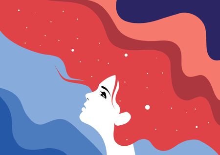 The profile of a girl with he hair full of stars inside. Vector illustration. Fantasy, spirituality, occultism.のイラスト素材