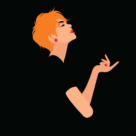 Elegant fashion model in black dress on black background. Vector illustration.のイラスト素材