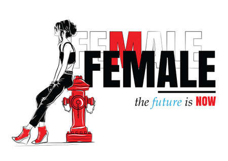 Fashion woman in style sketch on white background with quote. Female - future is nowのイラスト素材