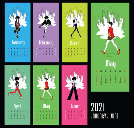 Vector of 2021 new year calendar with fashion womenのイラスト素材
