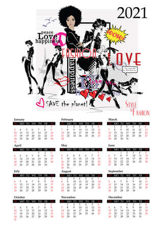 Calendar 2021 with fashion women in style sketchのイラスト素材