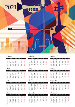 Colorful calendar for 2021 with musical design elementsのイラスト素材