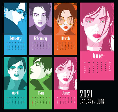 Vector of 2021 new year calendar with fashion women in Pop art style. January-Juneのイラスト素材