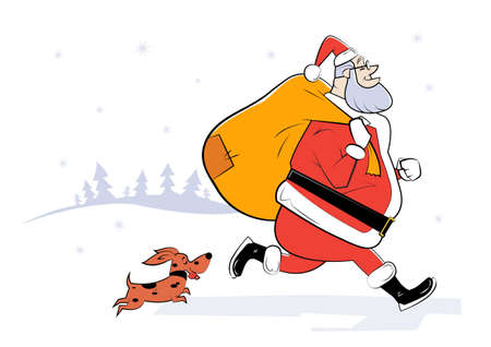 Cartoon illustration of Santa Claus with bag of gifts and small dog. Sketch illustrationのイラスト素材