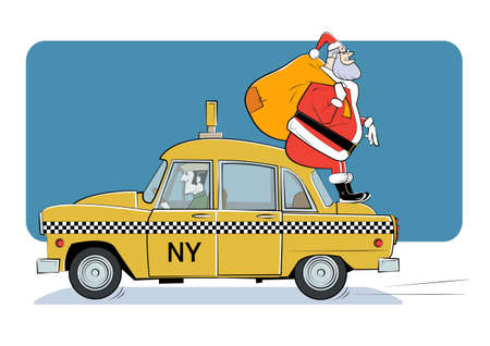 Cartoon Santa Claus rides a taxi with a bag of gifts.のイラスト素材