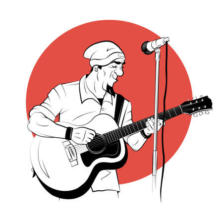 Musician with acoustic guitar in sketch style on red background. Vector illustration.のイラスト素材