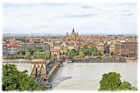 Sketch illustration of a beautiful view of the Hungarian Parliament building in Budapest in Hungary. Traditional European architecture.の写真素材