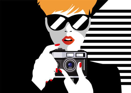 Comic Book Pop Art illustration with Girl. Movie Star with Foto Camera. Photographer or Videographer Vintage Advertising Poster. Fashion Woman with Photo Cameraのイラスト素材