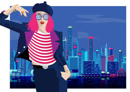Fashion woman in New York City. Pop art style illustration.のイラスト素材