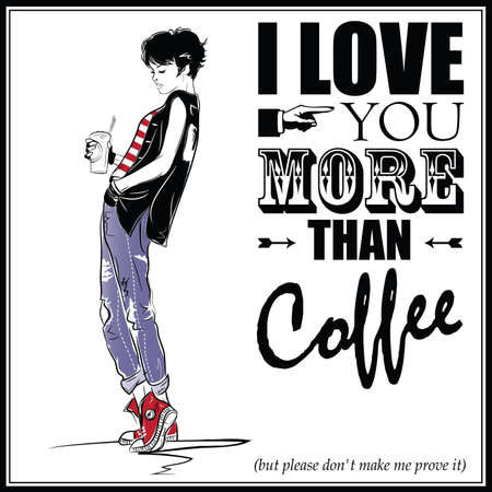 The fashion girl in sketch style relaxes with a cup of coffee. Vector illustrationのイラスト素材