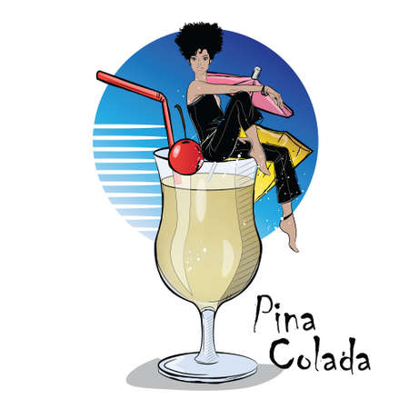 Hand drawn illustration of cocktail with girl. Pina Colada.のイラスト素材