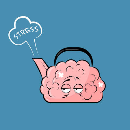 Human stress response system. Cartoon vector illustration brain character with holding placard with...