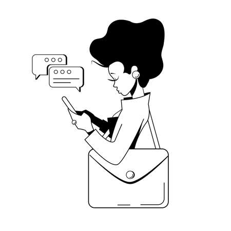 Successful happy business woman negotiates on cellphone and makes purchases. Flat cartoon vector illustration.のイラスト素材