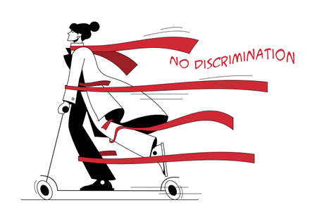 Gender barrier, woman career obstacle or inequality, limitation or discrimination, effort to overcome difficulty concept. Strong woman on kick scooter try with full effort to break red tape to growing in workのイラスト素材
