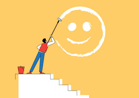 Happiness and positive thinking, optimism or motivation to live happy life concept. Boy climb up...