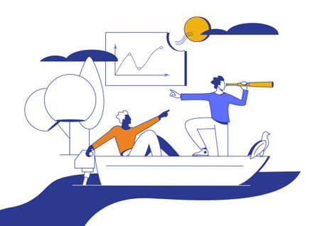 Business leadership and visionary to lead company success, career direction or work achievement concept. Two businessmen in boat sailing in the direction of successのイラスト素材