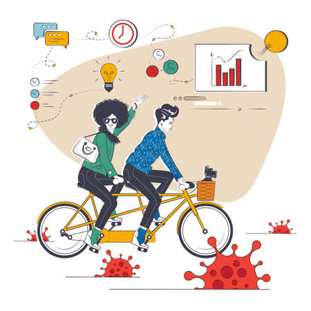 Business women drive bike towards success. Post pandemic vision, economic outlook after virus crisis concept.のイラスト素材