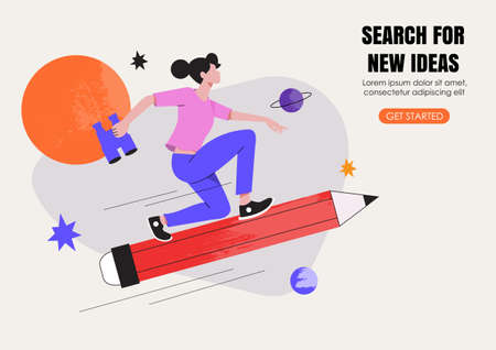 Woman with binoculars flying on pencil. Creative or educational process banner, ad, landing page or poster for web design studio, startup or courses. Generating ideas, imagination, inspiration concept.のイラスト素材