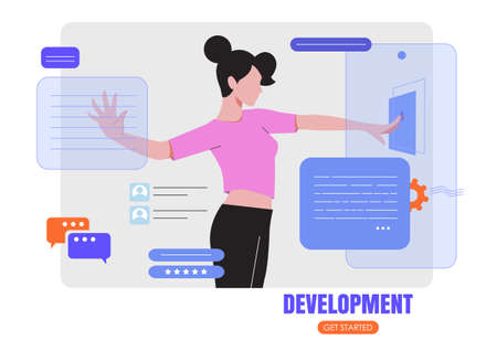 Woman designer working on ui ux design or mobile application. Design and programming banner, web landing page, advertisement. Studio or agency prototyping or coding web page or mobile app. cms development.のイラスト素材