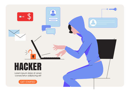 Woman hacker phishing with laptop computer stealing confidential data, personal information, user login, password, document, email and credit card. Cyber criminal phishing and fraud, online scam and steal.のイラスト素材