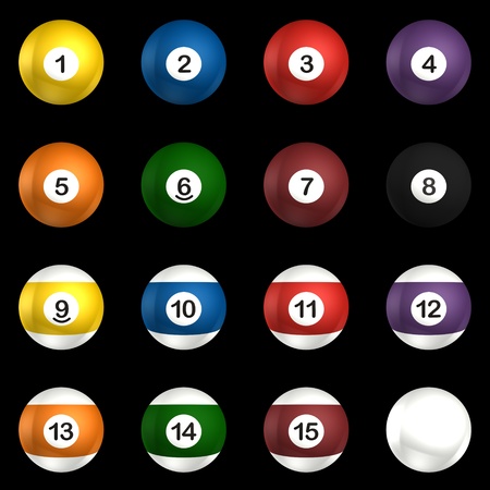 Billard balls pack 3d rendering isolated on black