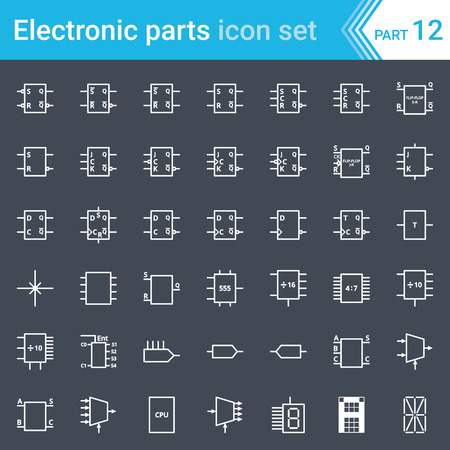 Electric and electronic icons, electric diagram symbols. Digital electronics, flip-flop, logic circuit, display, conventions.のイラスト素材