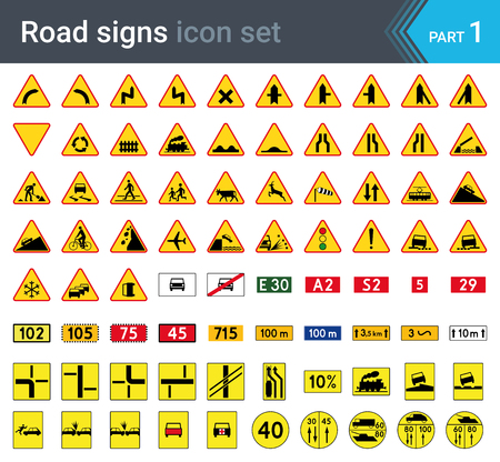 Road signs isolated on white background. Warning signs, complementary plates and military signs. High quality traffic road signs.のイラスト素材