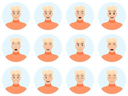 Cartoon handsome young guy vector illustration. Man face avatar set isolated on white background. Vector illustration.のイラスト素材