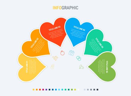 Timeline infographic design vector. 6 options, heart workflow layout. Vector infographic timeline template.のイラスト素材