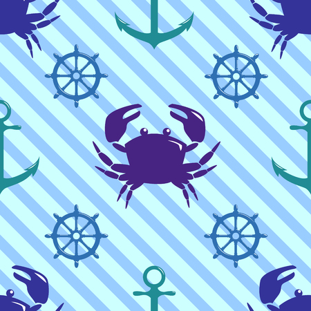 Seamless pattern with crab, steering wheel and anchor on striped diagonal background. Vector illustration.のイラスト素材
