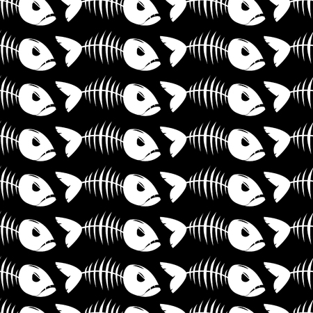 Seamless pattern with fish skeleton on black background. Vector illustration.のイラスト素材