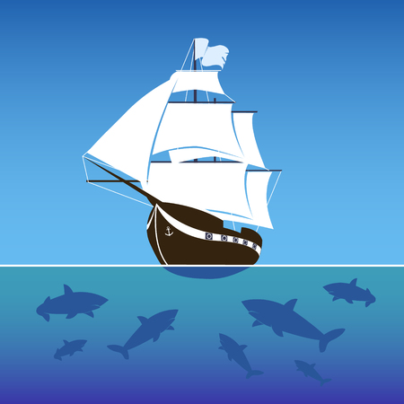 Sailing ship surrounded by sharks in the sea. Vector Illustrationのイラスト素材