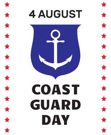 Coast guard day greeting card. Image of anchor on a shield and border with stars on white background. Vector illustration.のイラスト素材